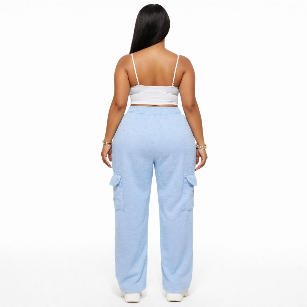 Light Blue Textured Cargo Pants  Drawstring Waist Casual Trousers